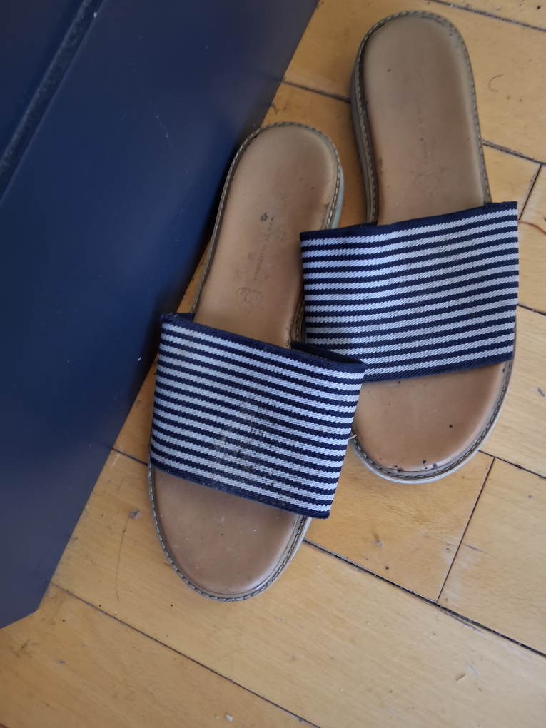Blue and white striped slide sandals