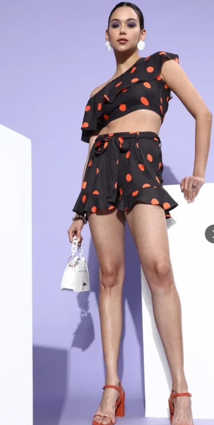 Black polka dot crop top and shorts set