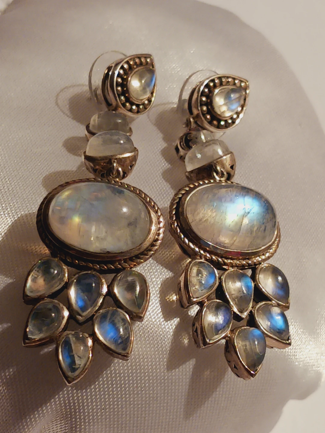 Stunning Sterling Silver 925 Rainbow Moonstone Dangle Earrings - photo 4