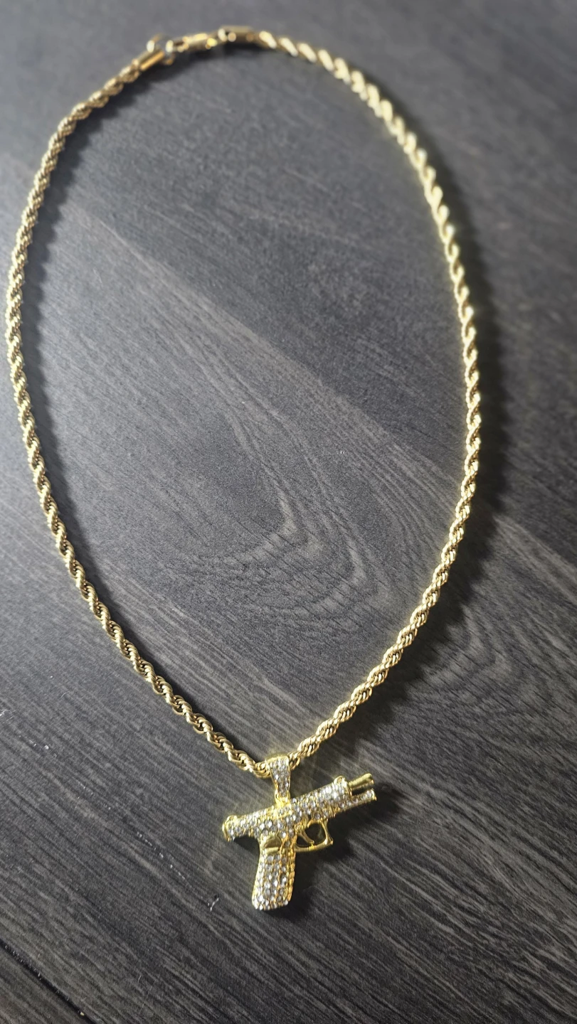 Gold Tone Gun Pendant Necklace with Diamonds