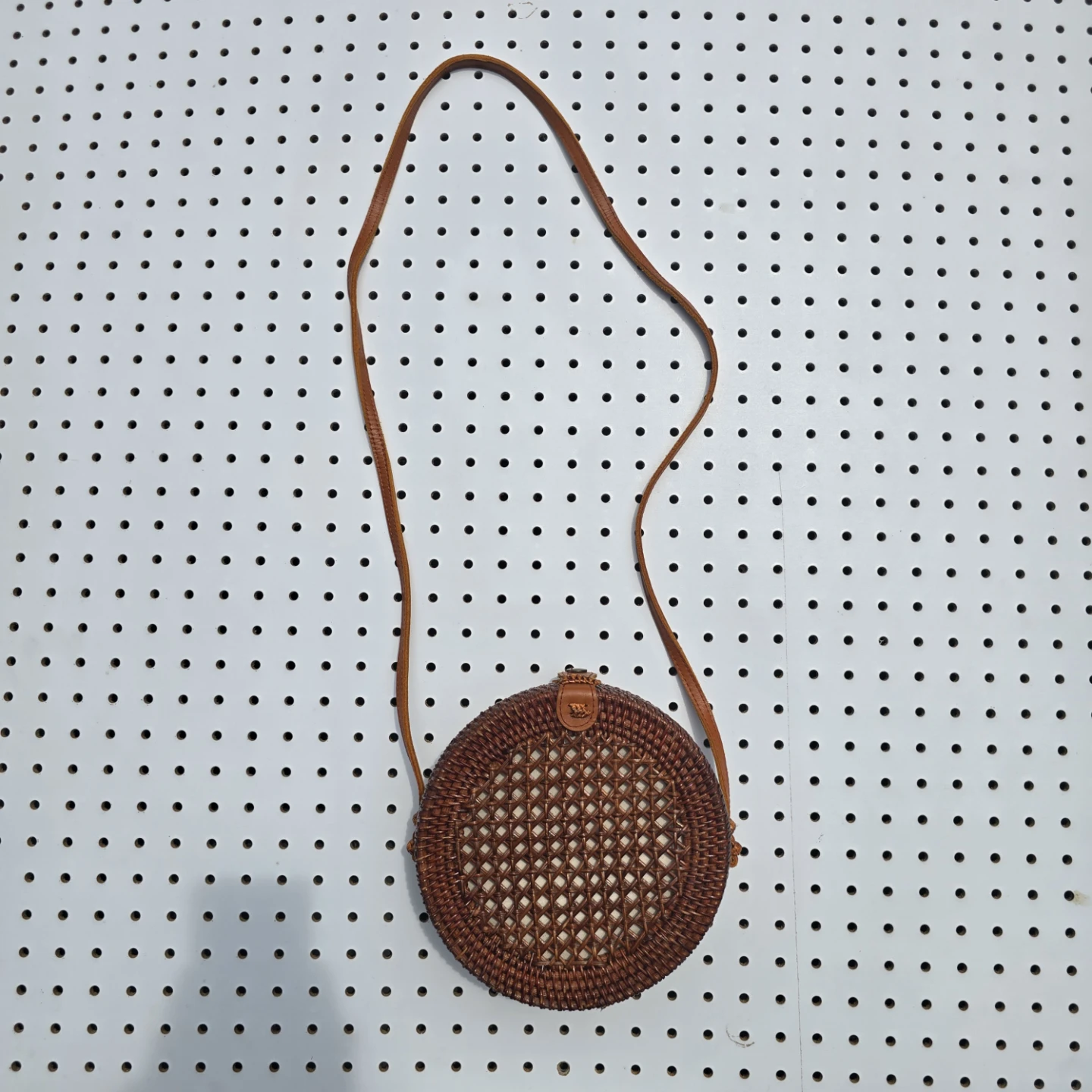 Handwoven Round Rattan Bag Crossbody Boho Purse Leather Strap - photo 3