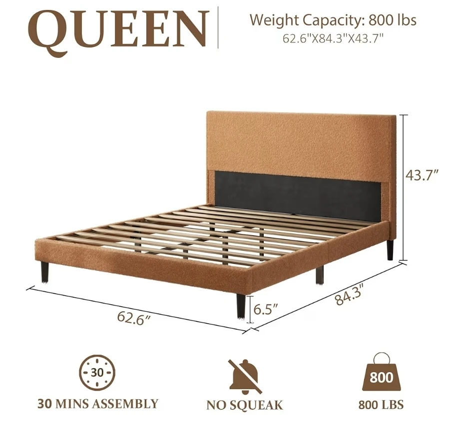 Queen Bed Frame,Velvet Modern Platform Bed Frame - photo 2