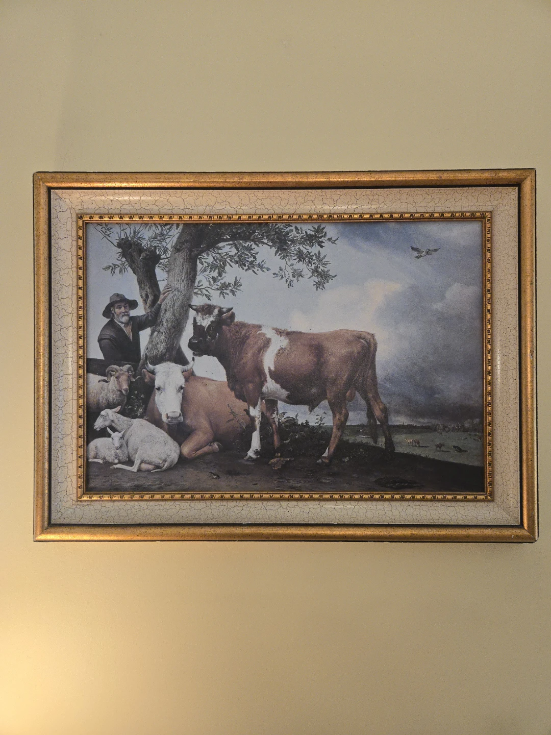 Framed Pastoral Painting with Cattle and Sheep