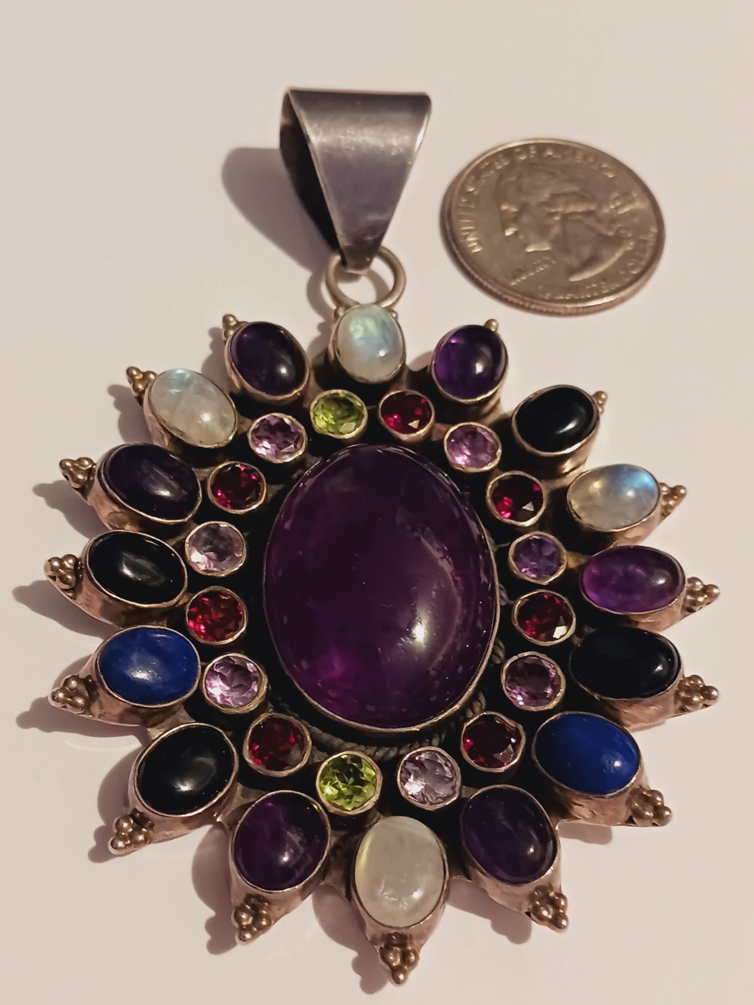 Sterling Silver 925  Oversized Multi-gemstone Starburst Pendant - photo 2
