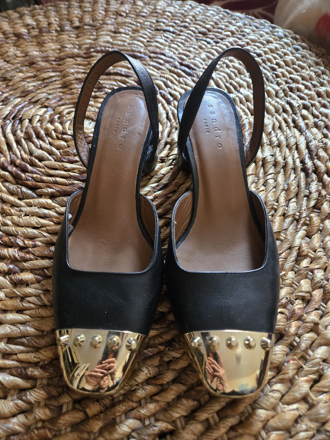 Sandro Black Slingback Heels with Gold Toe Cap - Size 39
