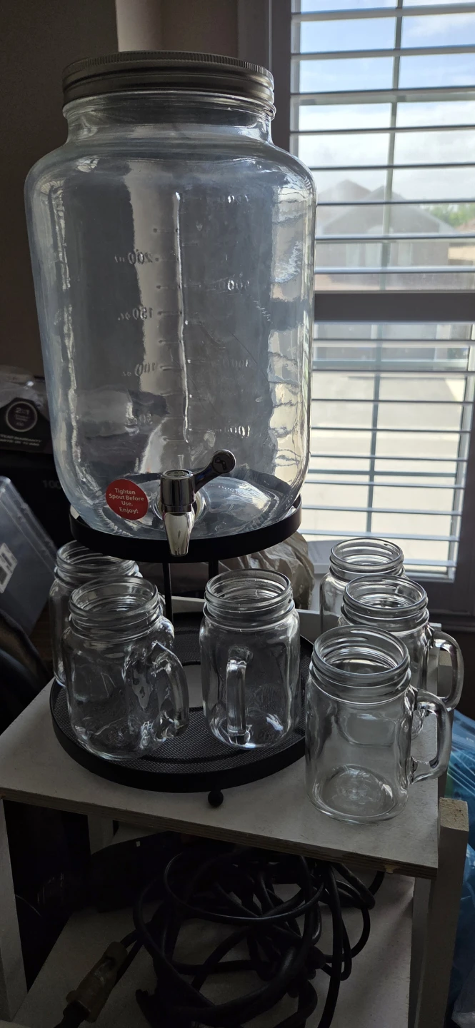 Glass Beverage Dispenser with 4 Mason Jar Glasses