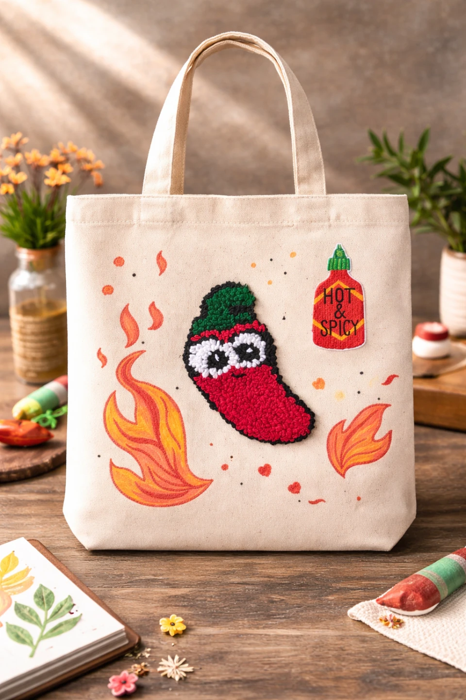 Canvas Tote Bag with "Hot & Spicy" Chili Design
