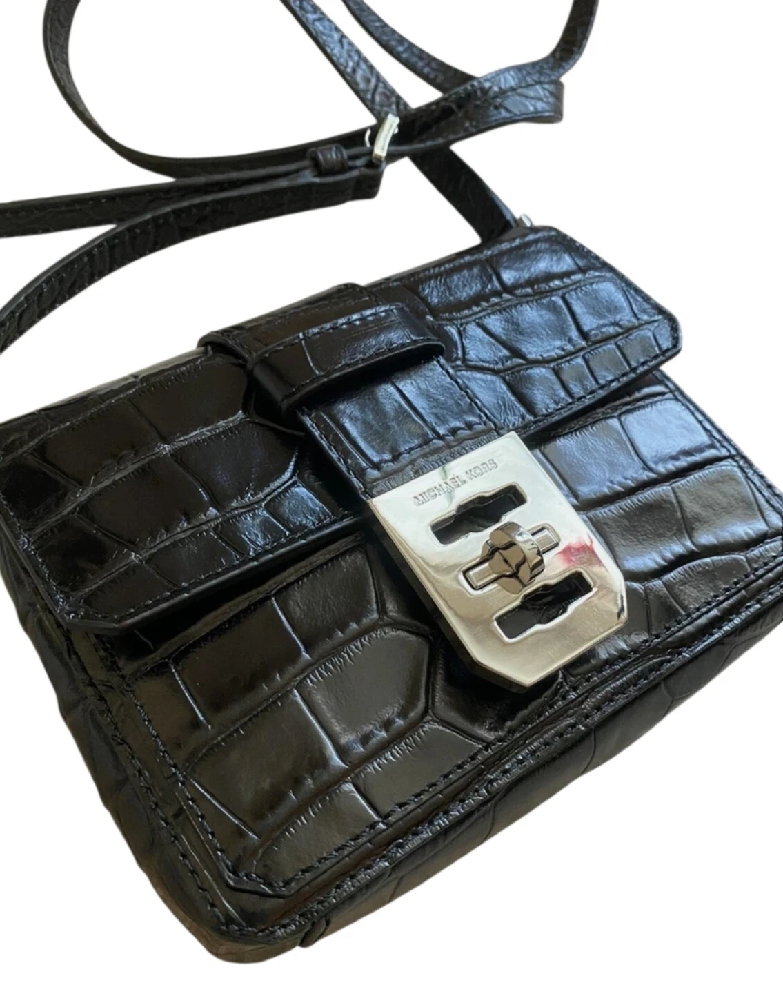 Michael Kors Black Croc Embossed Shoulder Bag