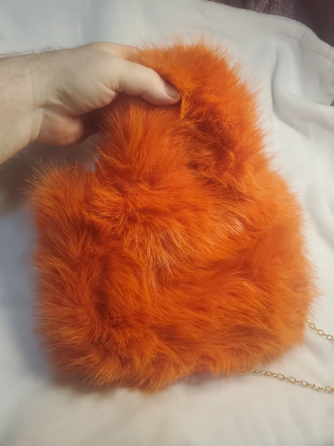 Orange Faux Fur Handbag with Chain Strap