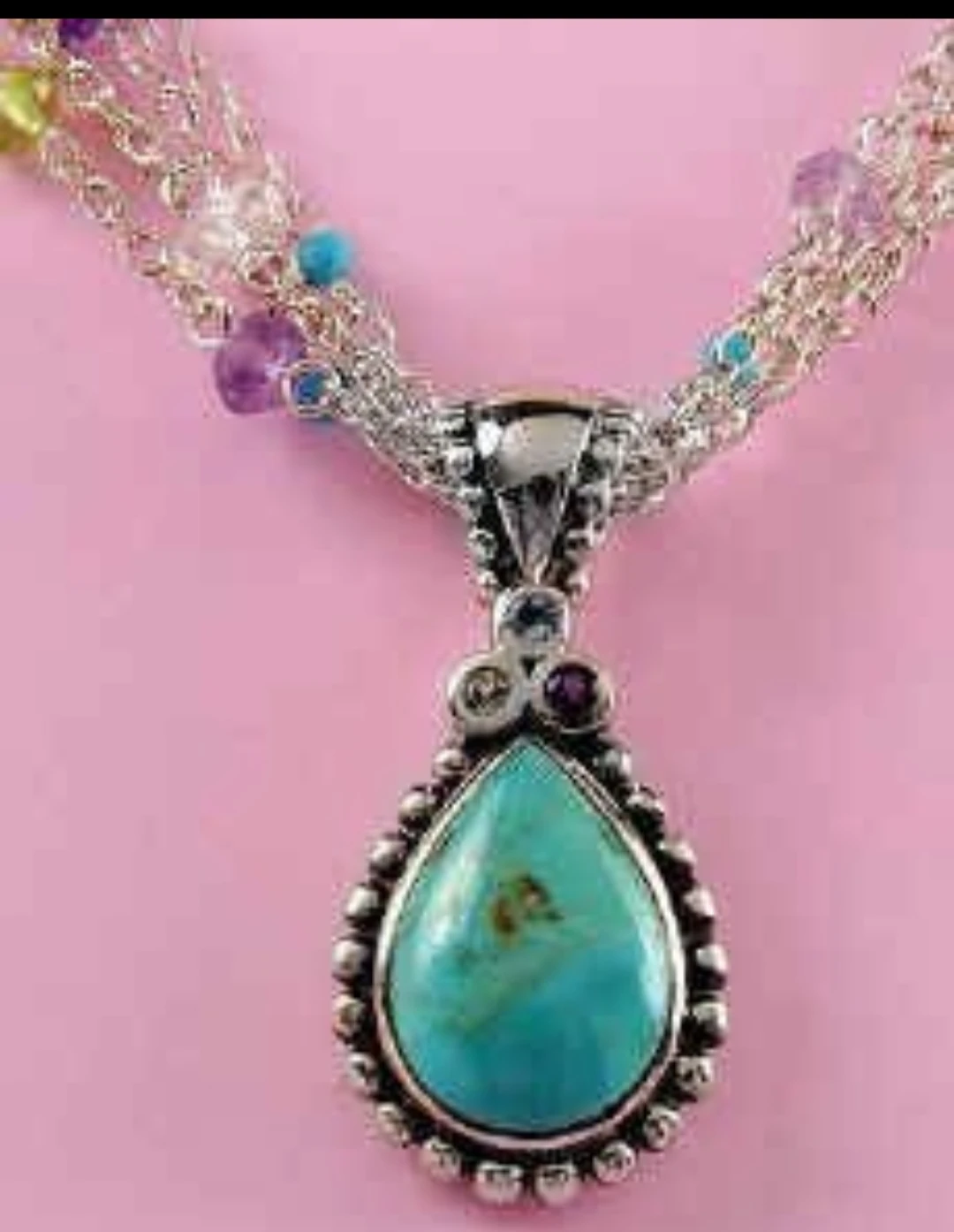 Necklace. Turquoise pendant on multiple silver chains and gems - photo 2
