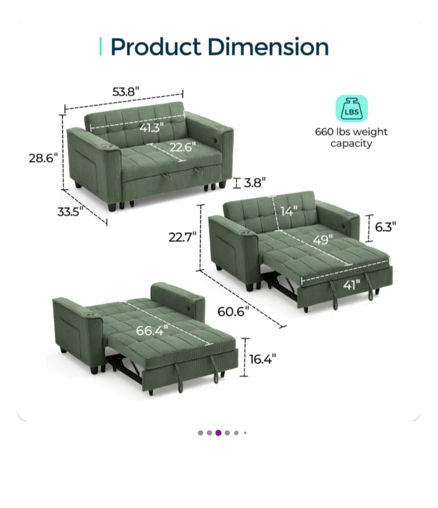 Black Loveseat Sofa Bed with USB Charging