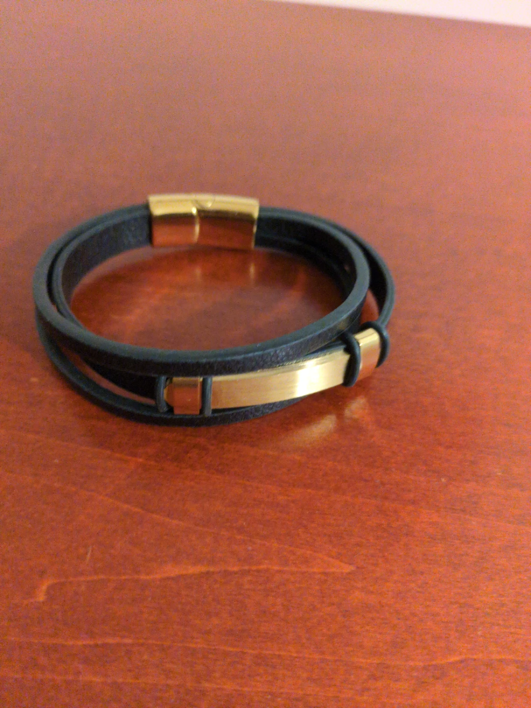 Black Leather Bracelet with Gold Clasp - photo 2