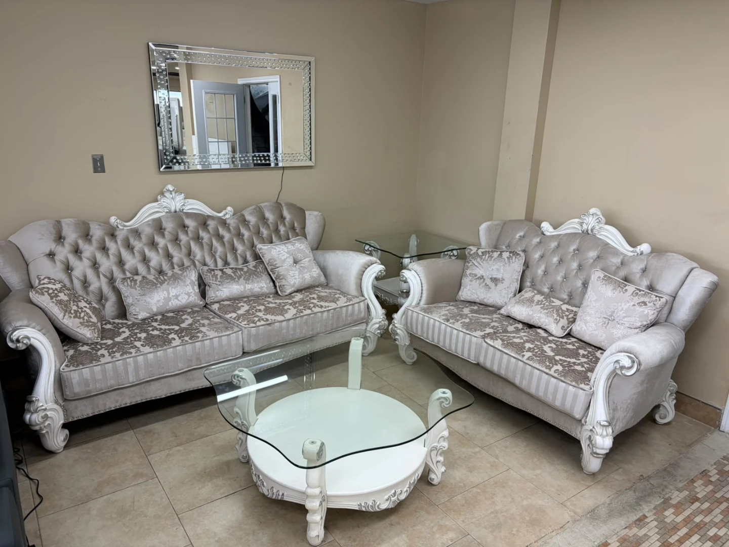 Ornate Tufted Sofa Set with Glass Coffee Table - photo 2
