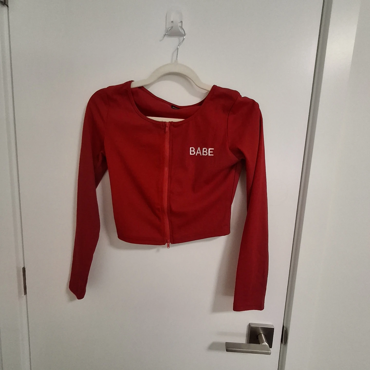 SHEIN Red "BABE" Cropped Zip-Up Long Sleeve Top