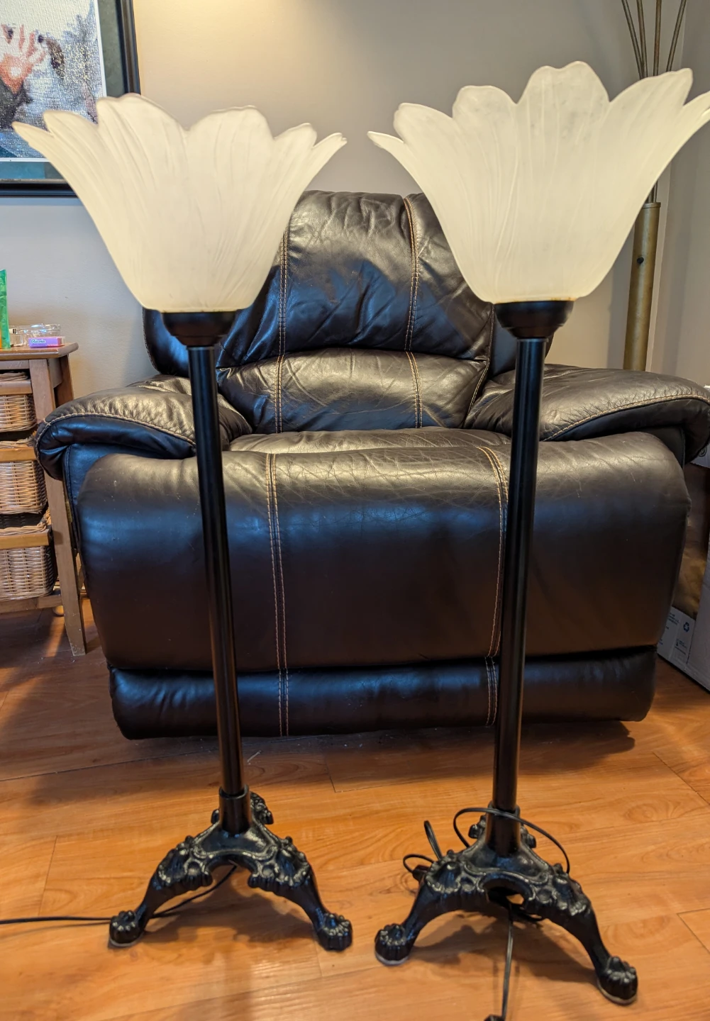Vintage pair of Black Floor Lamps with White Tulip Shades - photo 2