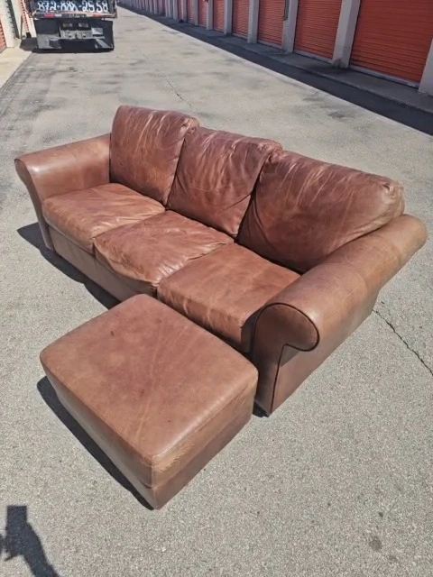 Brown Leather Sofa with Ottoman