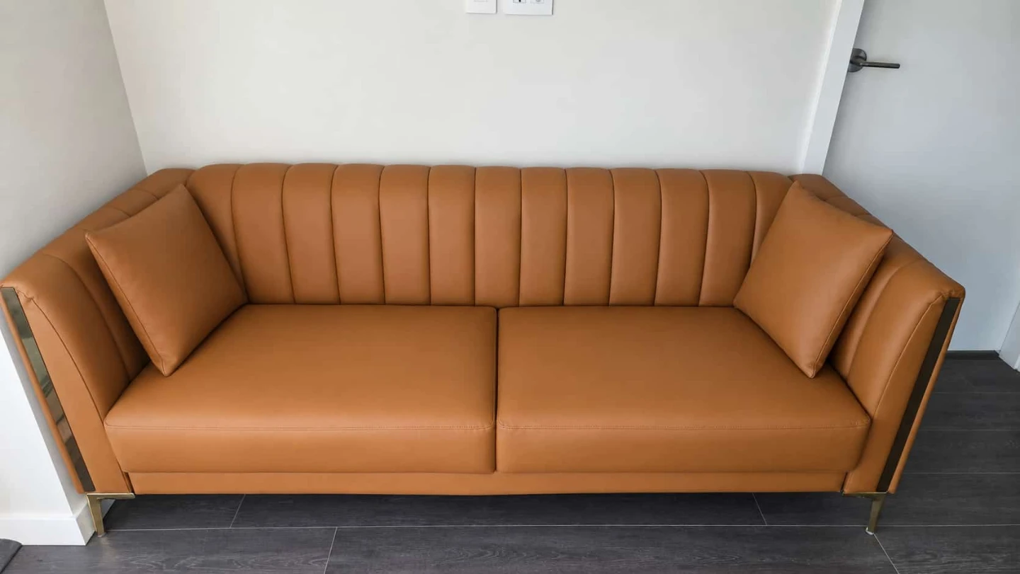 Brown Faux Leather Sofa with Gold Accents - photo 4