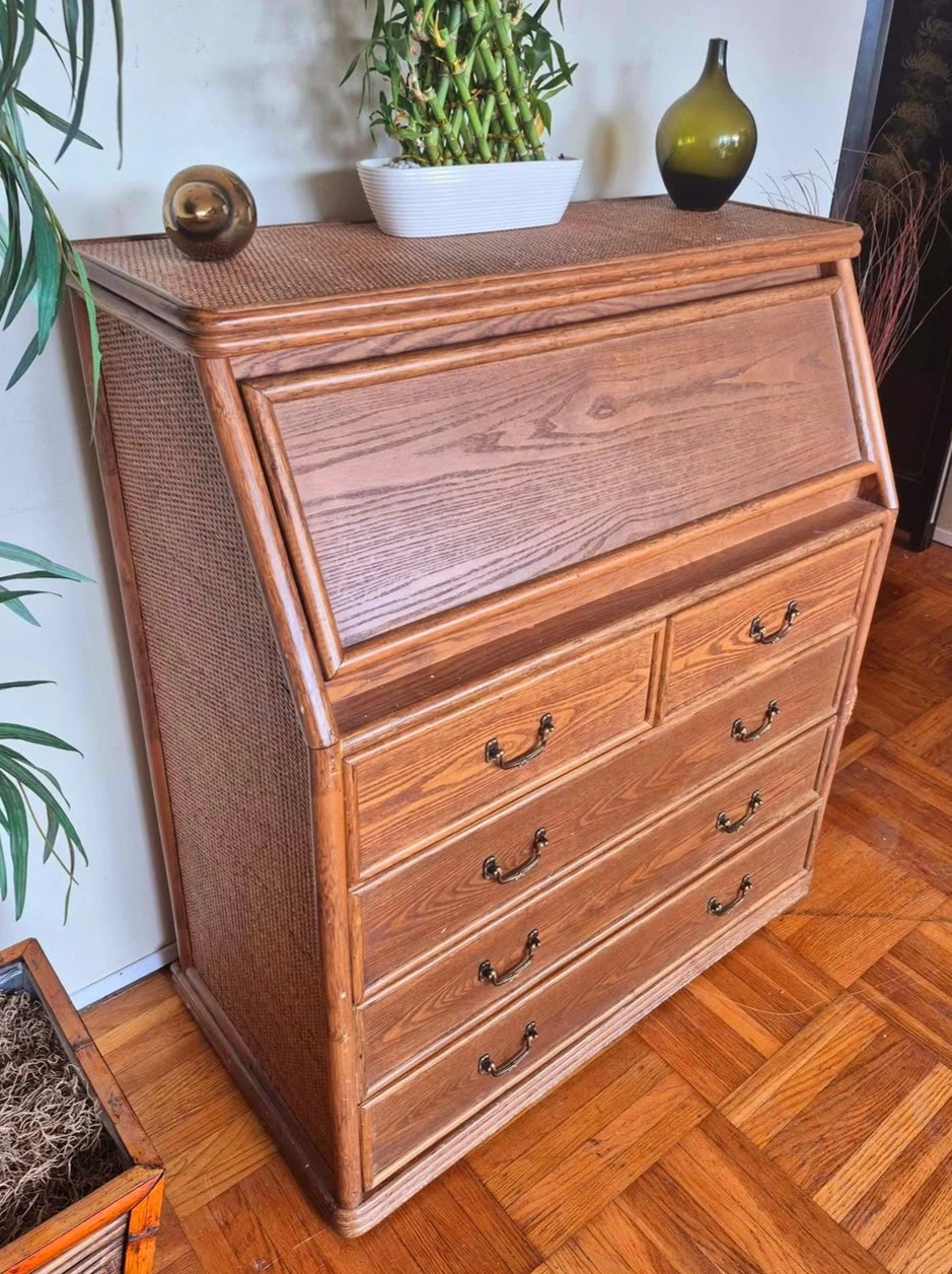 Solid 5 Drawer Dresser With Drop Down Desk And Rattan