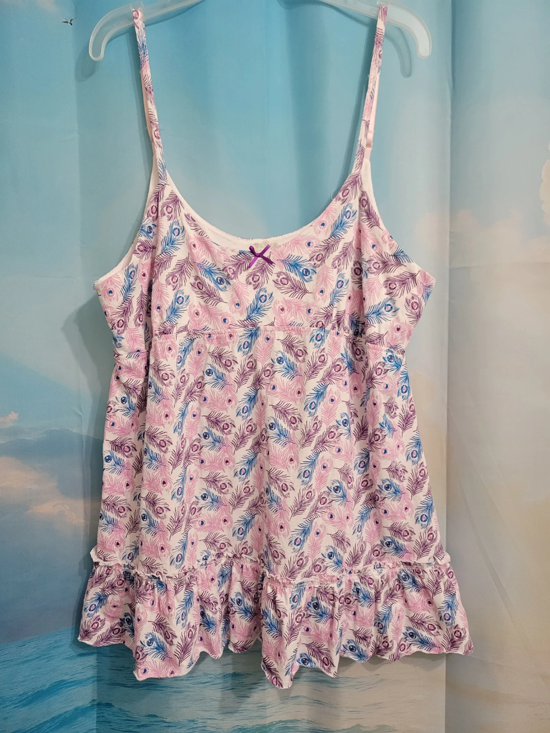 PEQUEST White Pink Blue Peacock Feather Cami Top L/G - photo 2