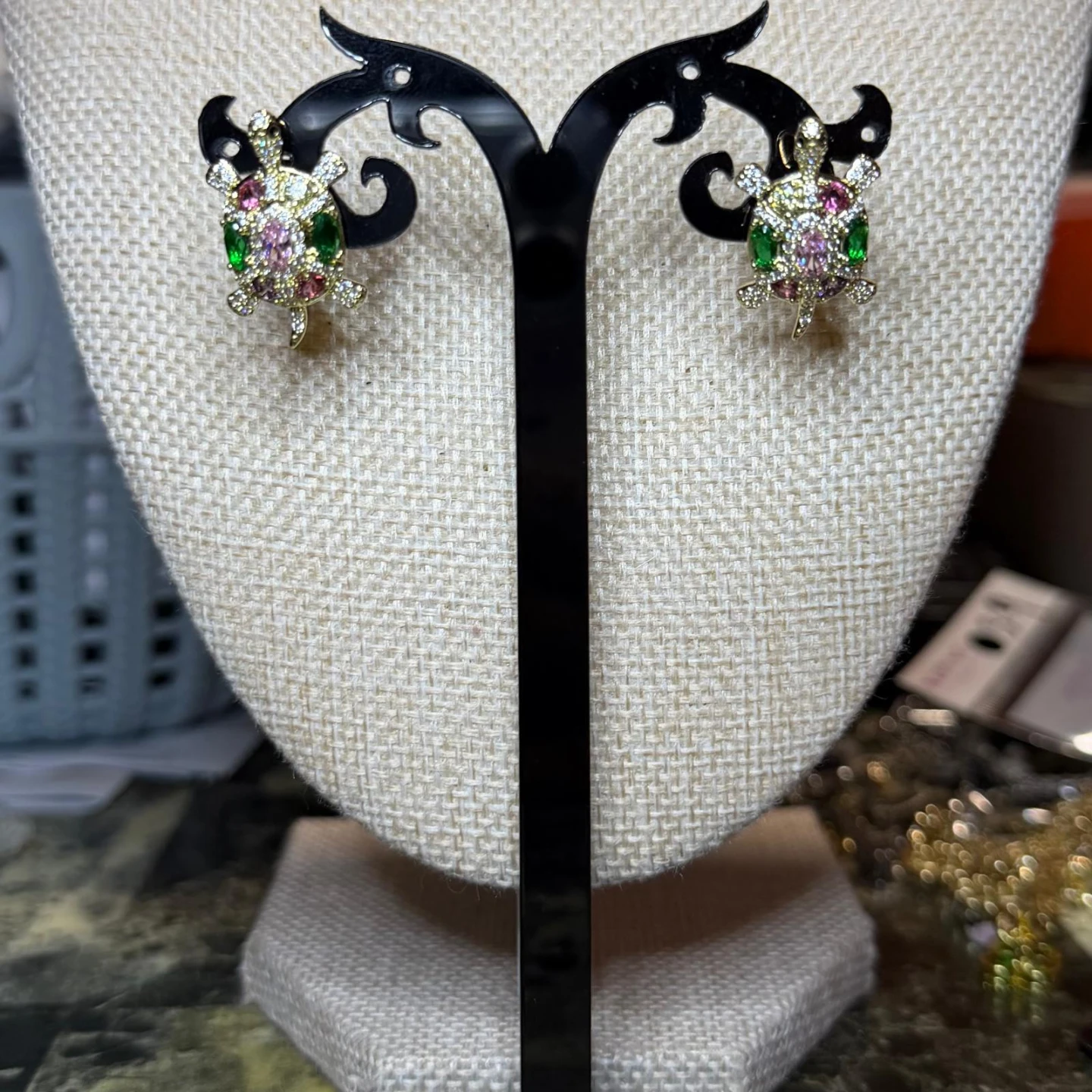 Gold laminated Fashion Jewelry Turtle Earrings with Rhinestones - photo 3