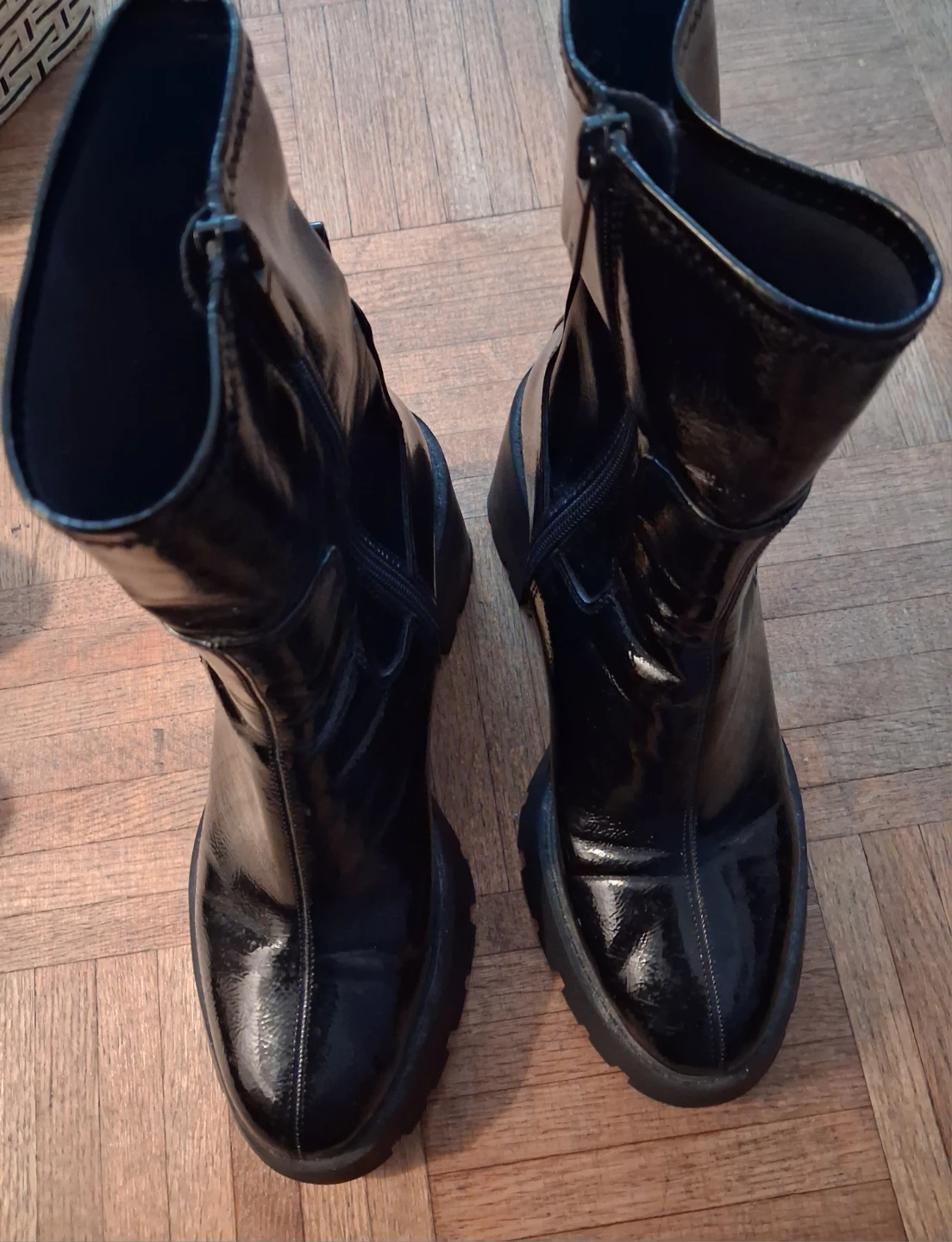 ZARA Black Patent Chunky Heel Boots Size 40