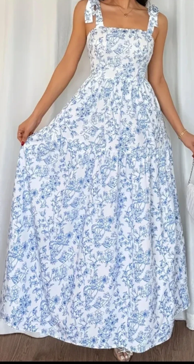 New Blue and White Floral Smocked Maxi Dress