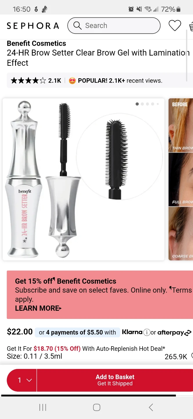 Benefit 24-Hour Invisible Shaping & Setting Gel For Brows