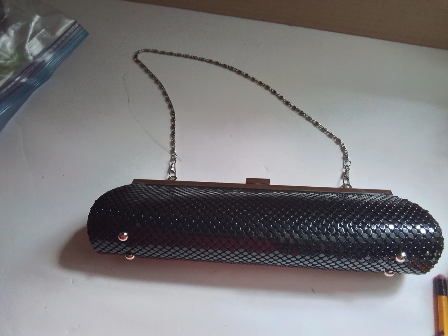 Black Mesh Evening Clutch with Chain Strap