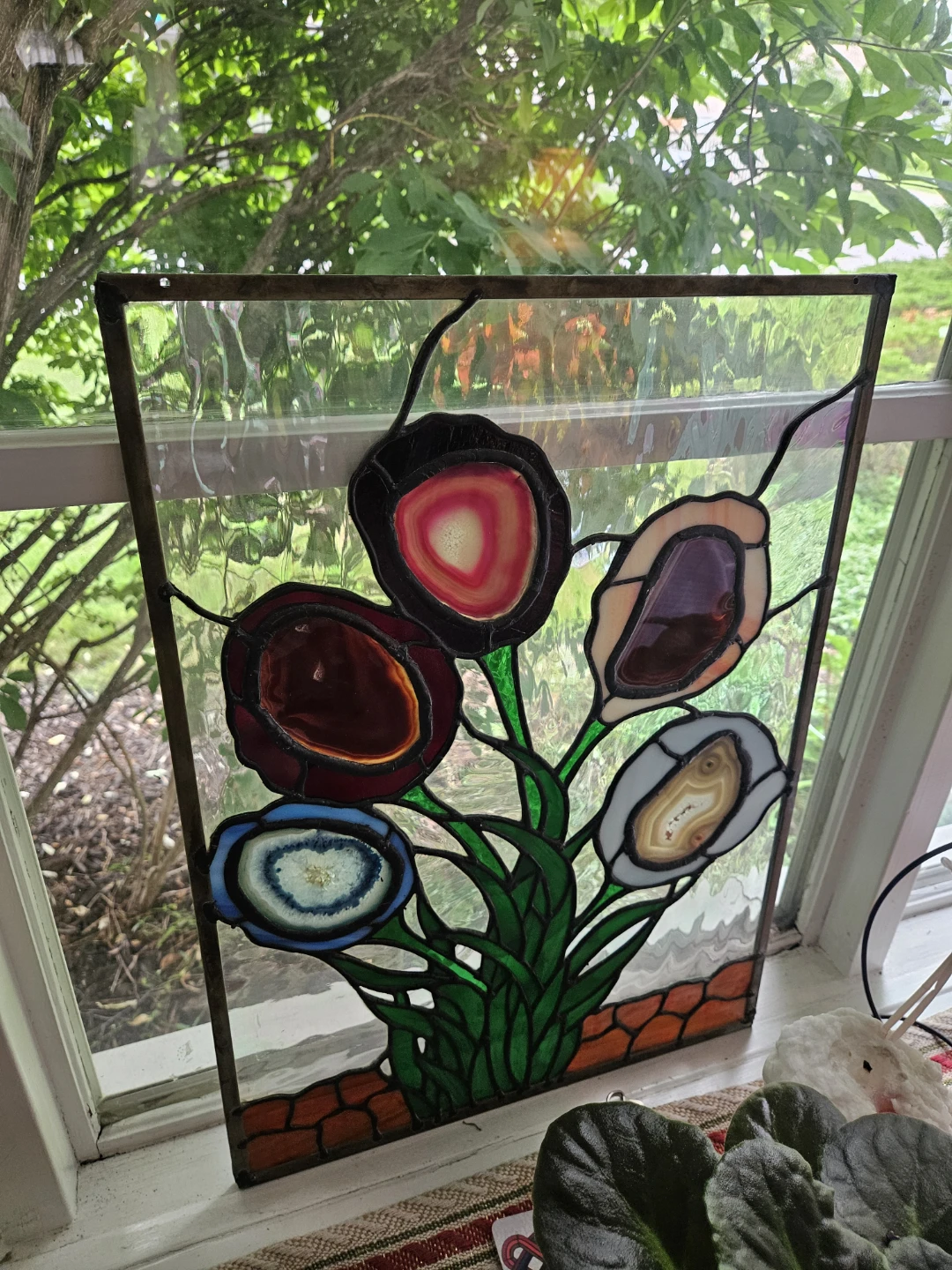 Stained Glass Panel with Agate Flowers