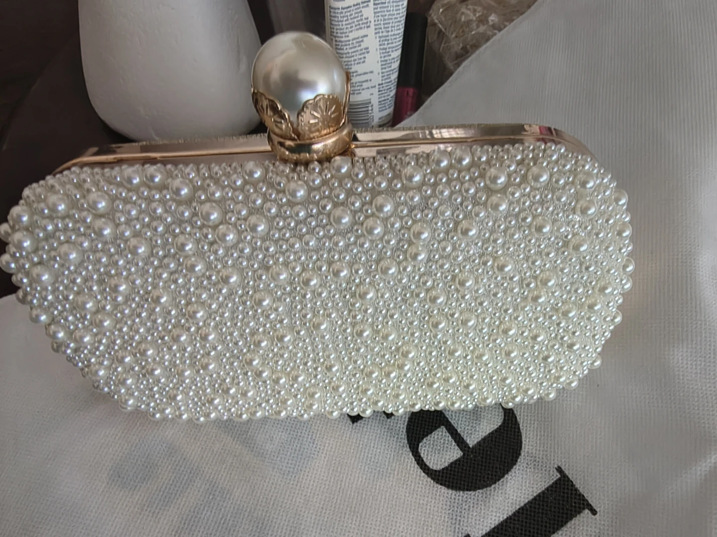 Pearl Beaded Clutch Bag with Gold Chain $40