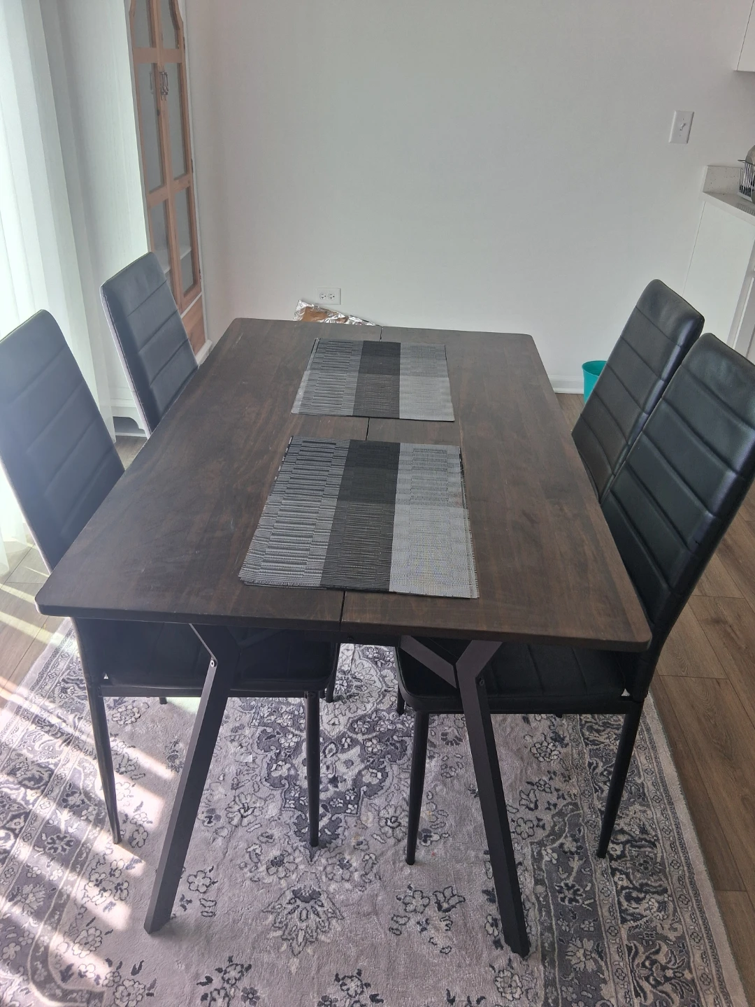 Dark Wood Dining Table with 4 Black Chairs