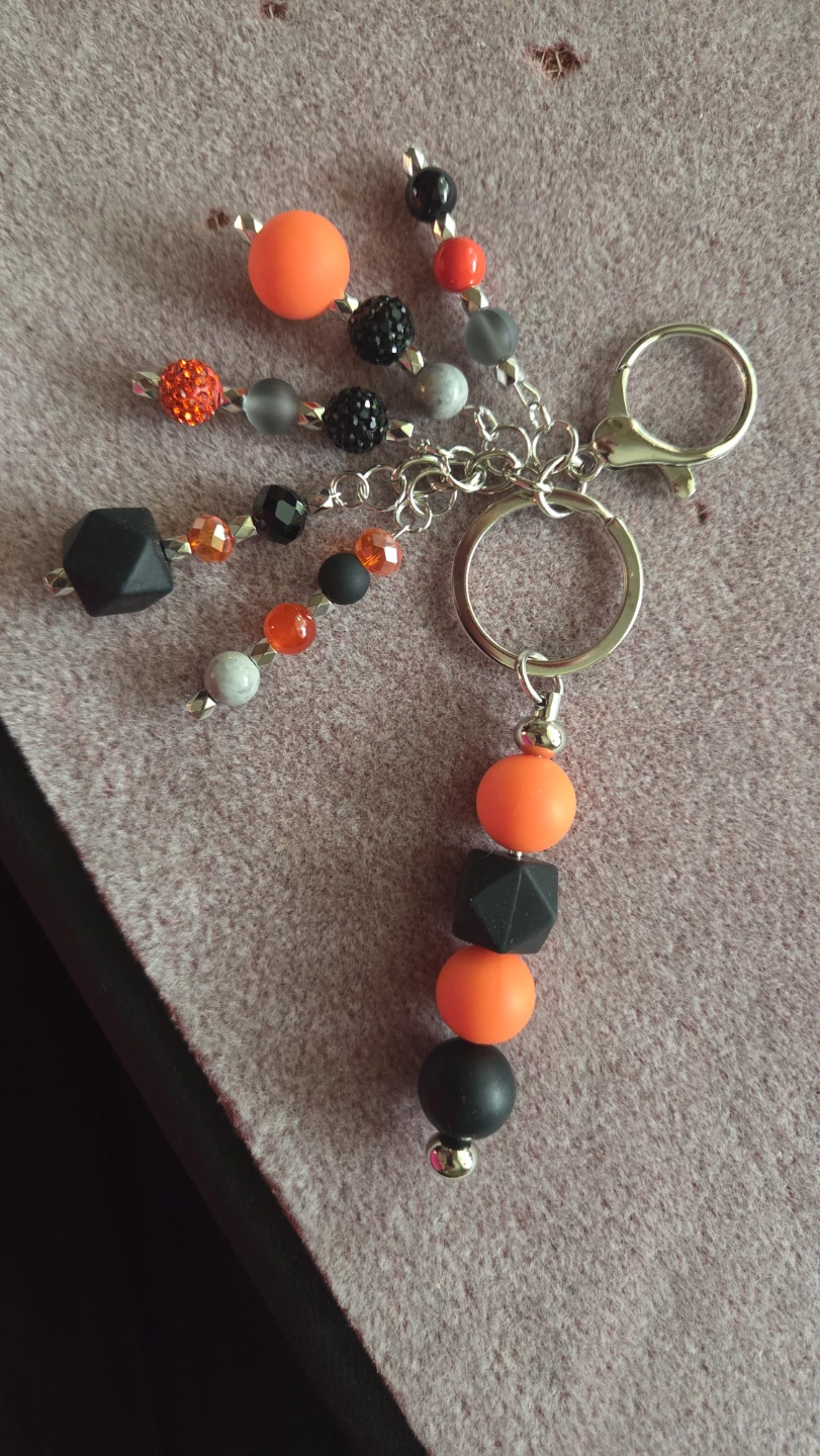 Beaded Keychain with Orange, Black, and Gray Beads