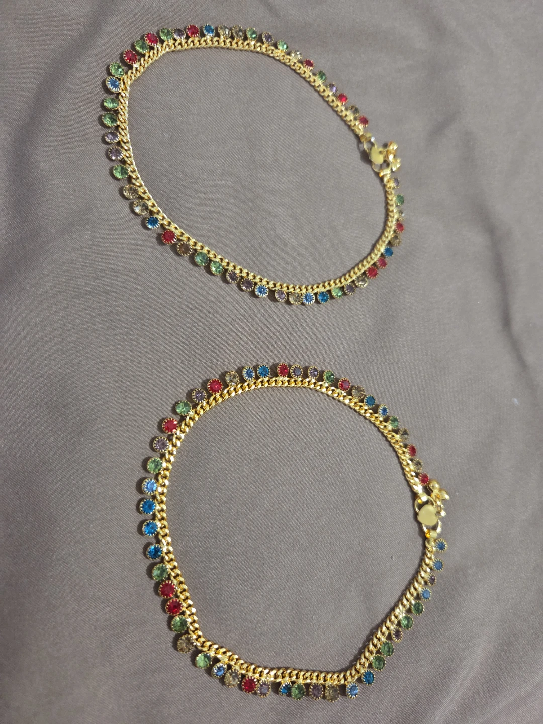 Gold-toned Anklet with Multicoloured Rhinestones