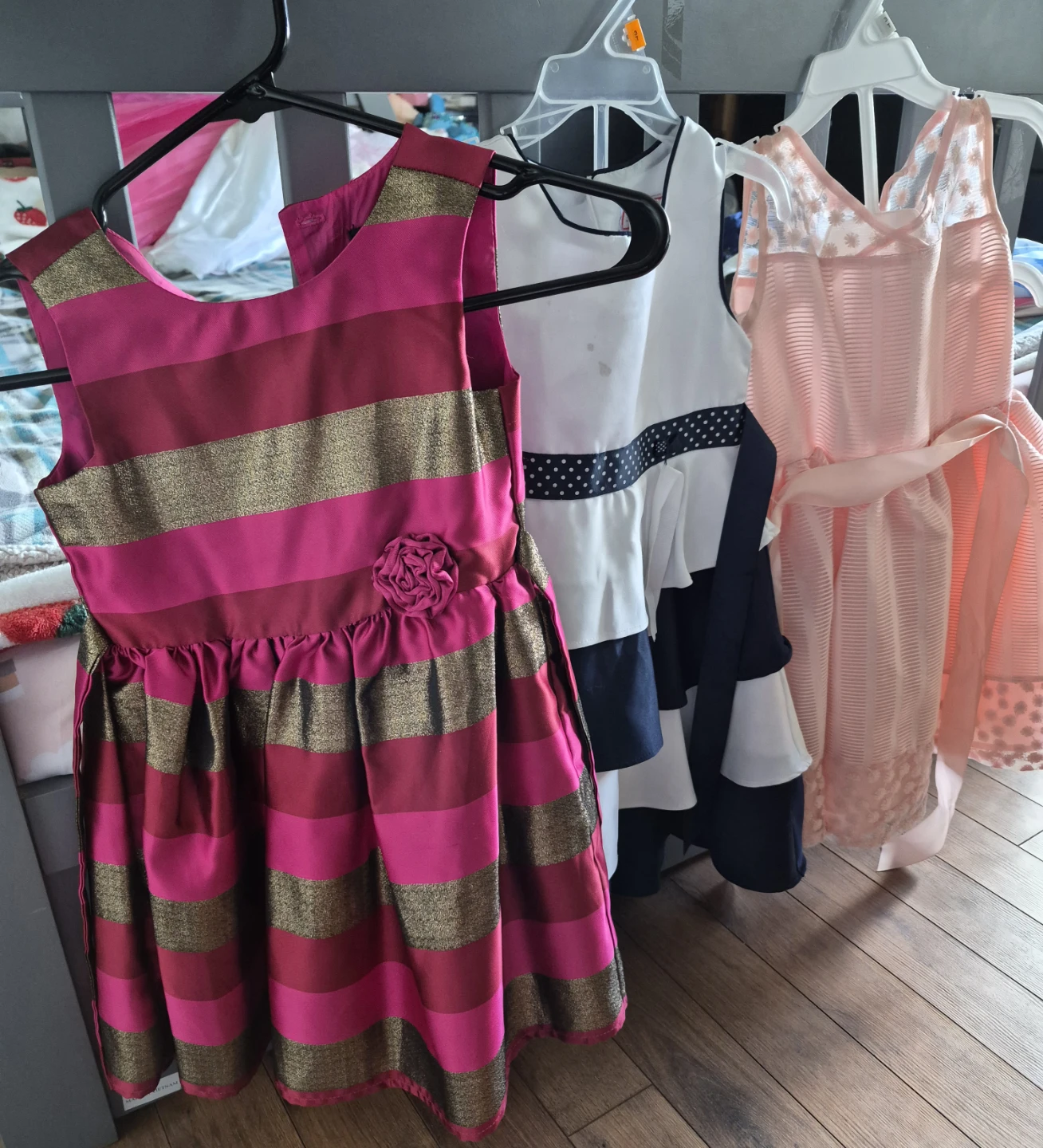 Girls Dresses - Pink Stripe, White, Pink Mesh