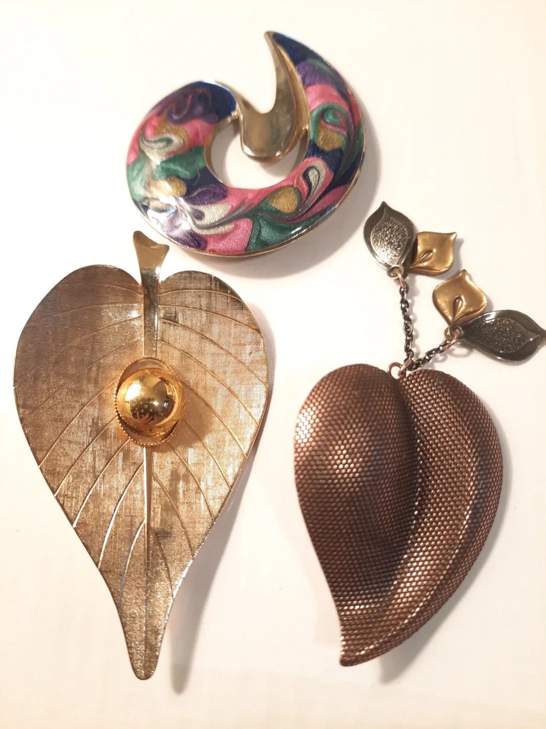Vintage Brooch Lot - Leaf, Heart, and Swirl Designs