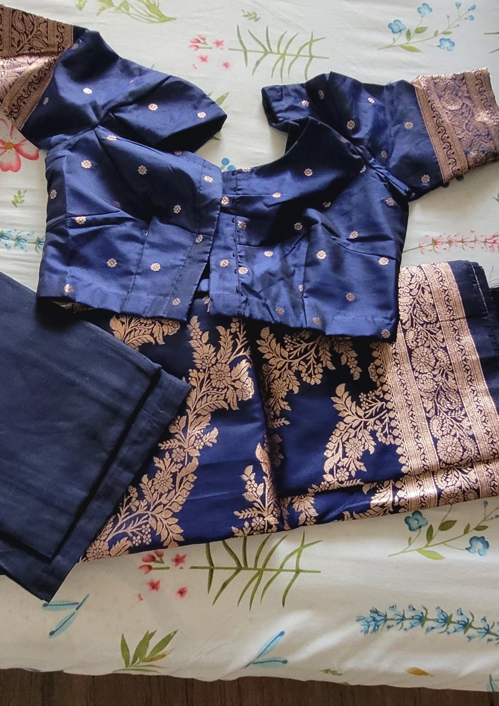 Navy Blue Banarasi Silk Saree Blouse and Skirt Set