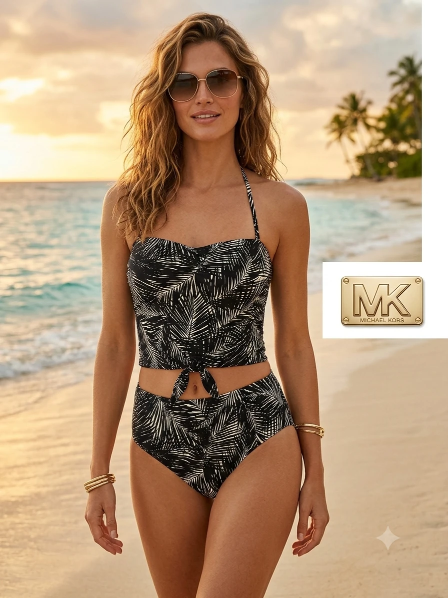Michael Kors Black & White Palm Print Tankini Top