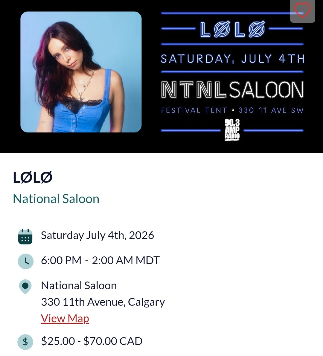 4 Tickets for LØLØ at National Saloon Calgary Stampede