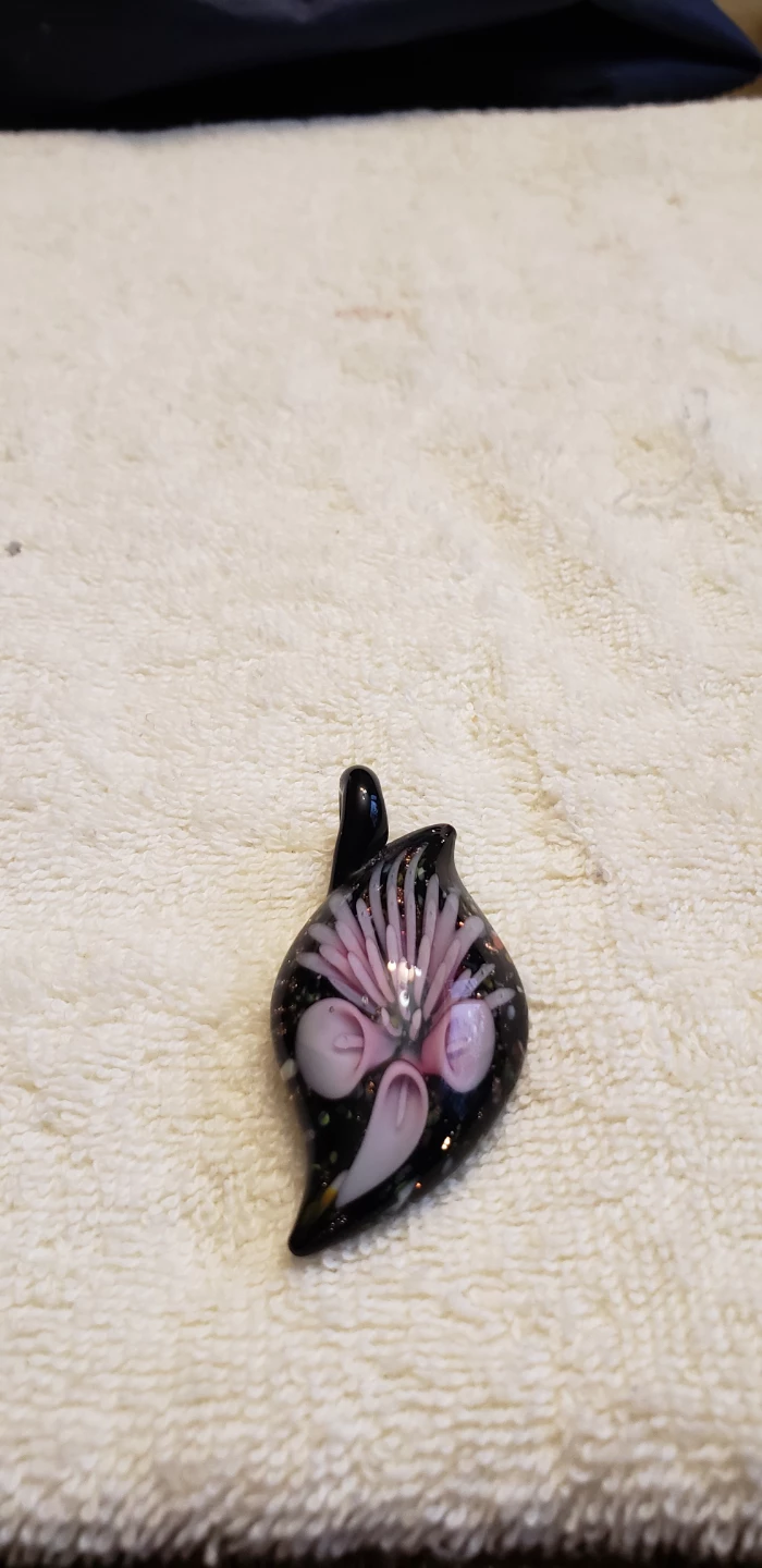 Glass Pendant - Black with Pink Flower & Blue Heart Shape