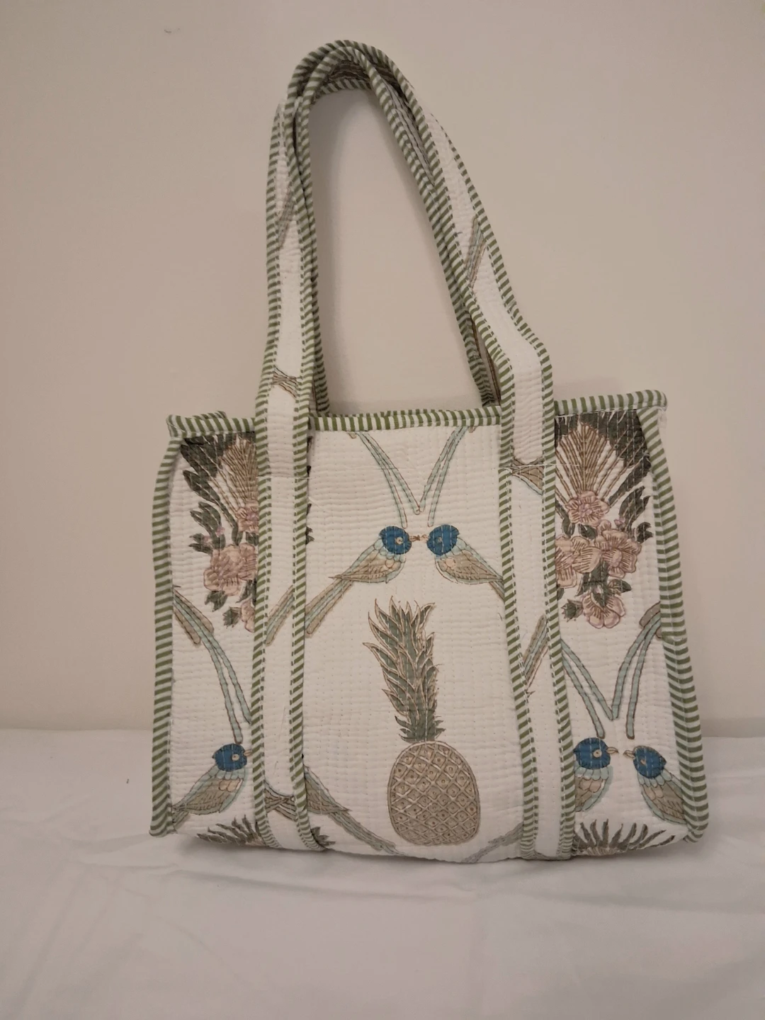Quilted Tote Bag with Pineapple and Bird Print