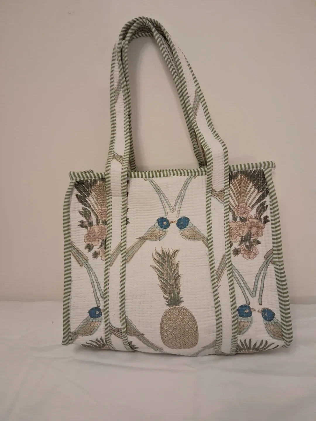 Quilted Tote Bag with Pineapple and Bird Print