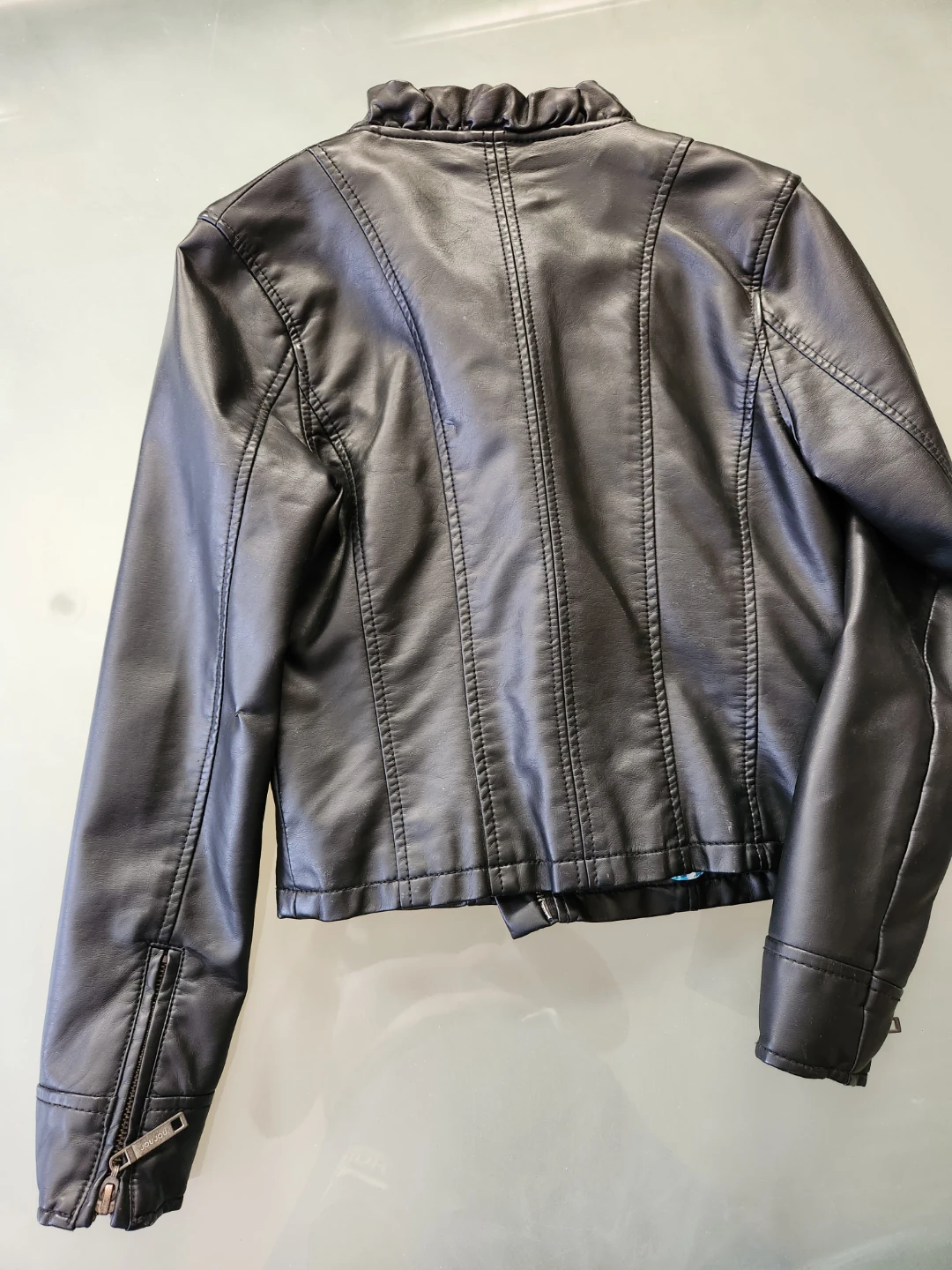 Girls Black Faux Leather Jacket with Ruffle Detail - photo 3