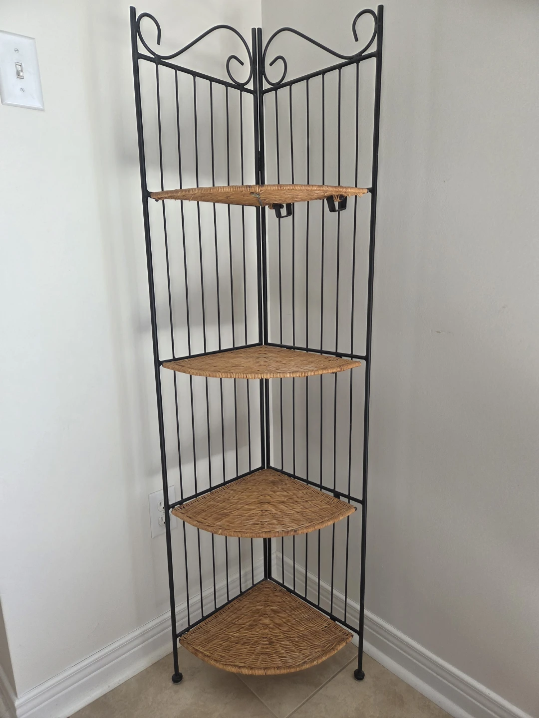 Elegant Metal and Wicker Corner Shelf Unit