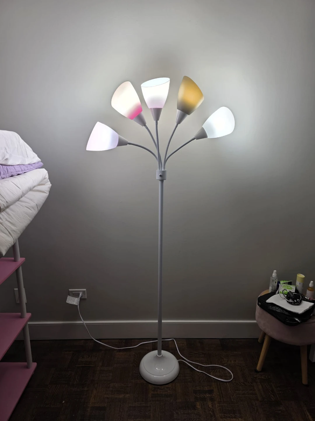 5-light adjustable gooseneck floor lamp; white and pink
