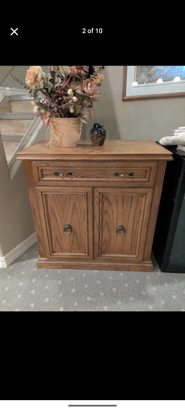 Oak Wood Side Table with Drawer and Cabinets