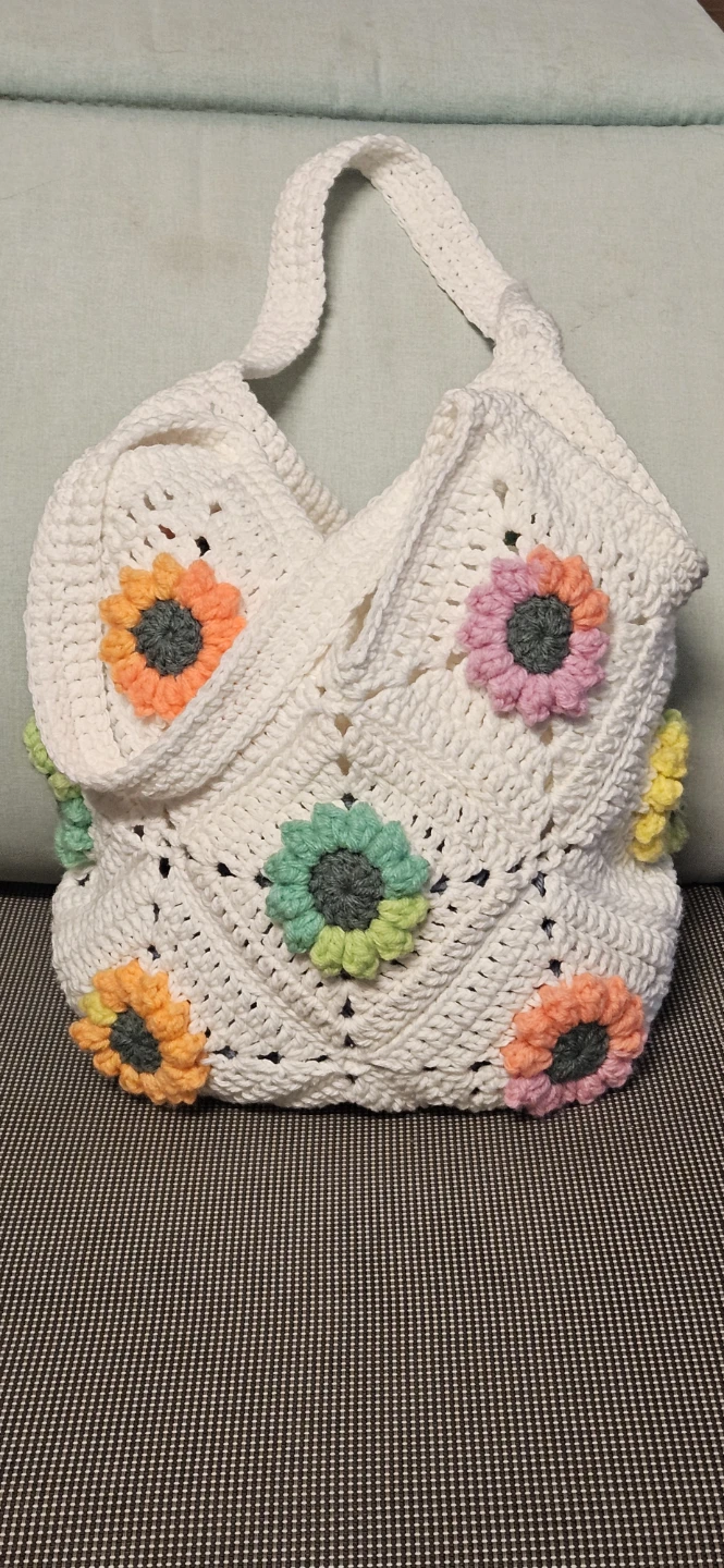 Crocheted Tote Bag with Flower Appliques