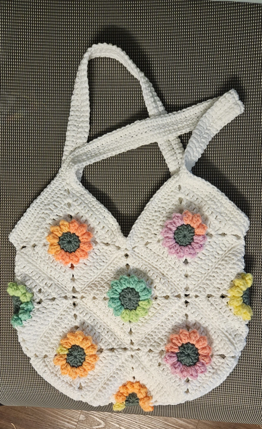 Crocheted Tote Bag with Flower Appliques - photo 2