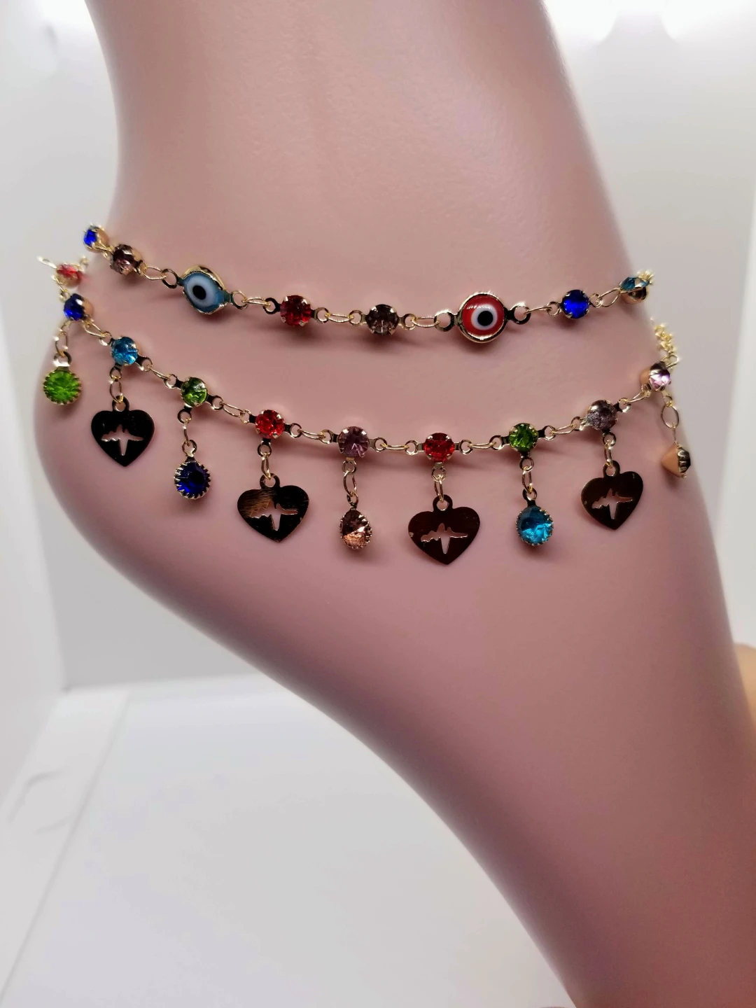 Gold laminated Evil Eye & Heart Anklet Set