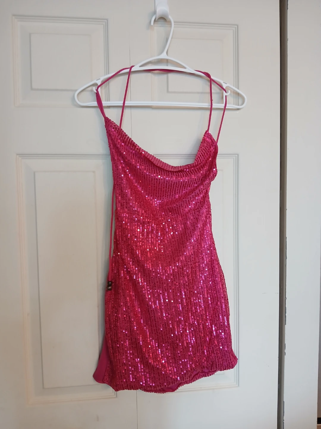 Hot Pink Sequin Split Thigh Crisscross Backless Dress, Size S - photo 3