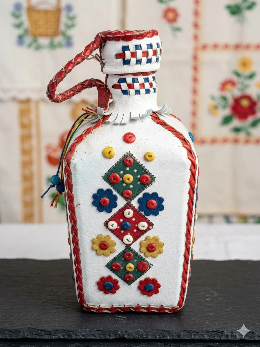 Yugoslavian Leather Wrapped Bottle Decanter Folk Art